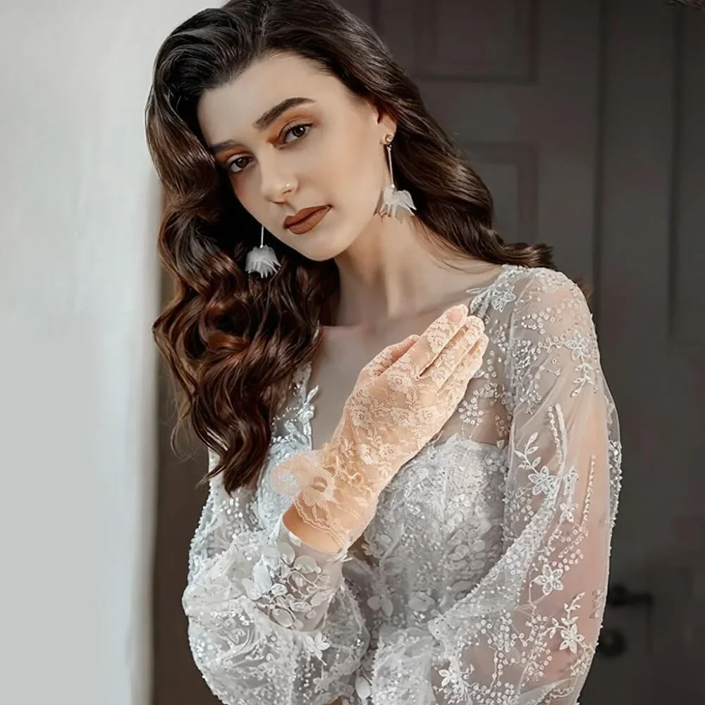 Women's Evening Beige Flower Pattern Lace Gloves Design Wedding Party Prom